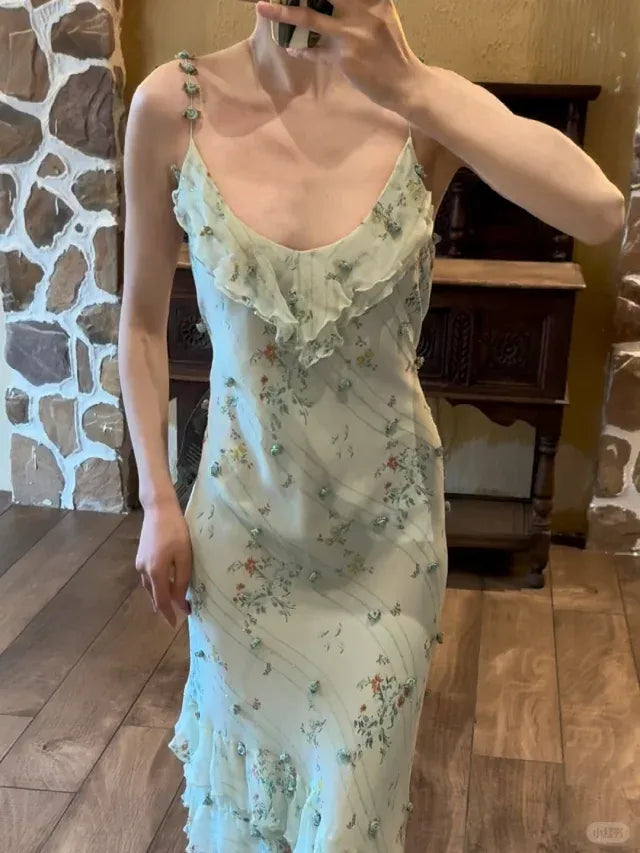 Mint Green 3D Floral Print Ruffled Spaghetti Strap Maxi Dress