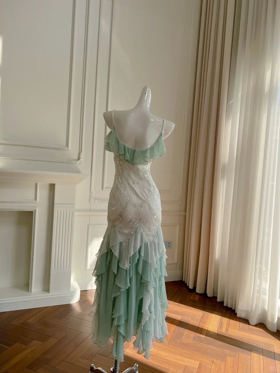 Mint Green Beaded Ruffle Mermaid Gown – Spaghetti Strap Formal Dress for Prom & Wedding