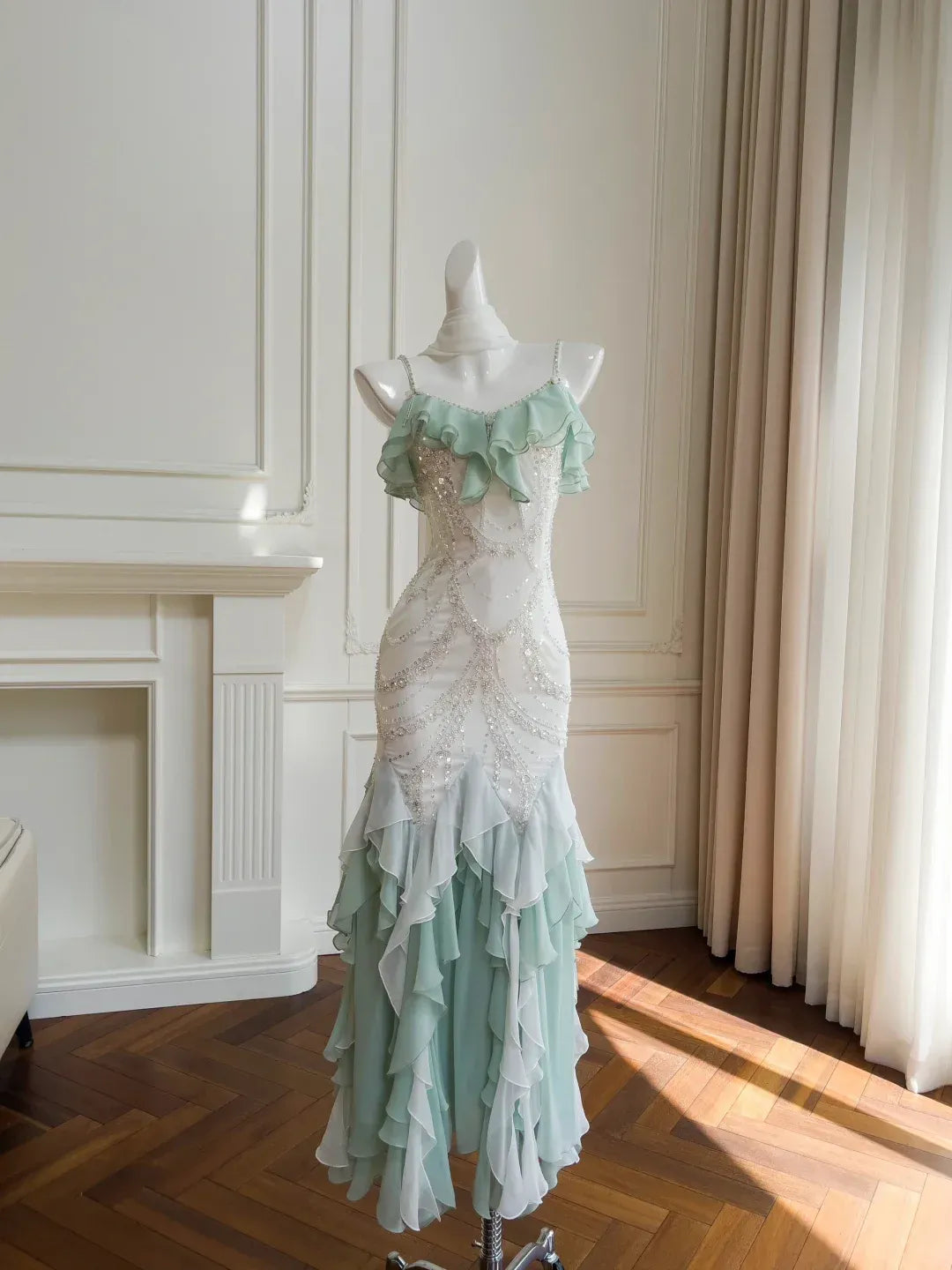 Mint Green Beaded Ruffle Mermaid Gown – Spaghetti Strap Formal Dress for Prom & Wedding