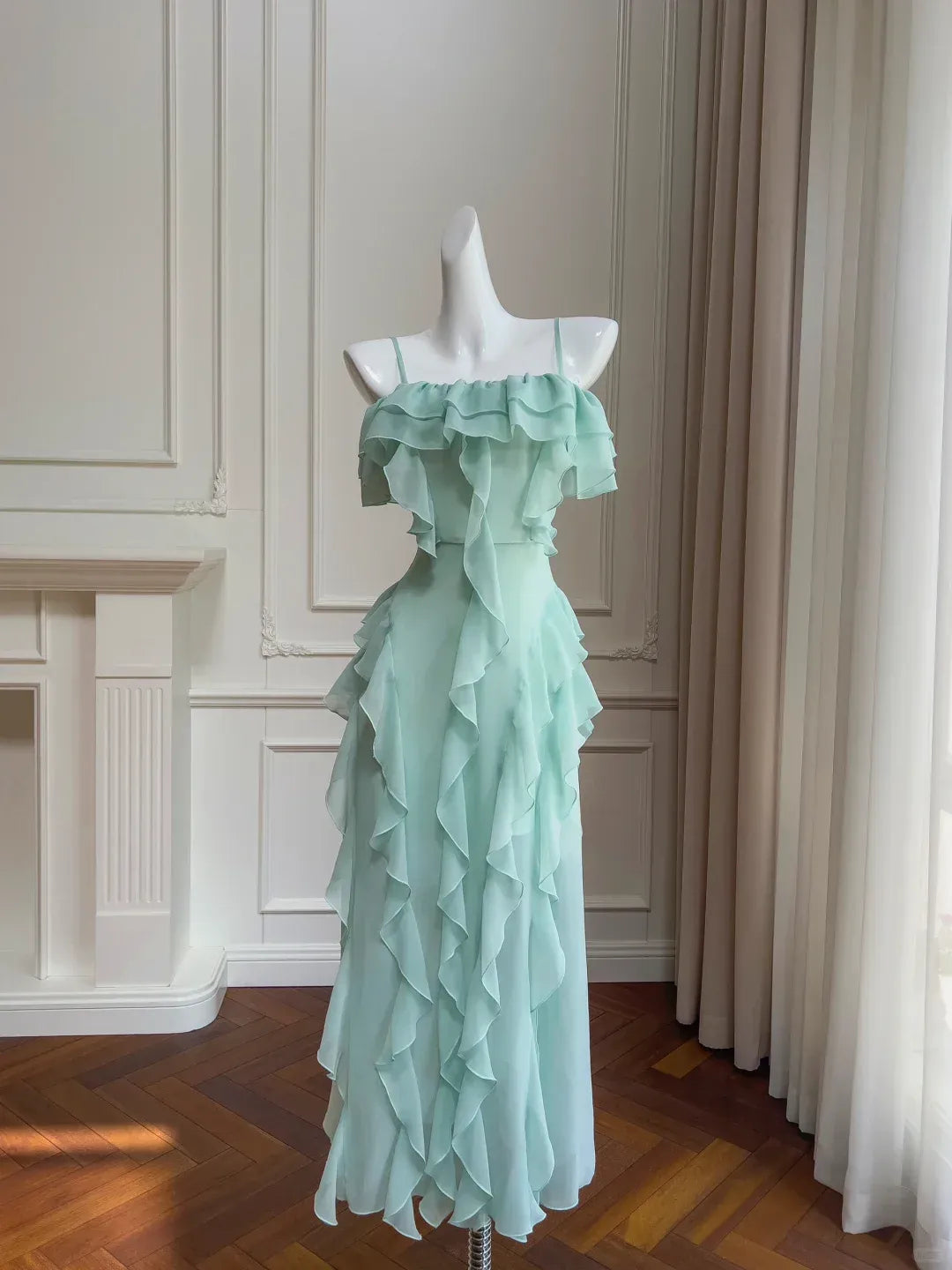 Mint Green Chiffon Ruffle Maxi Dress – Spaghetti Strap Off-Shoulder Formal Gown