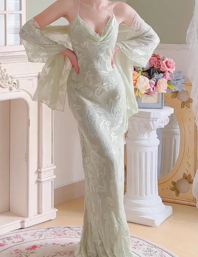 Mint Green Floral Jacquard Cowl Neck Mermaid Maxi Dress