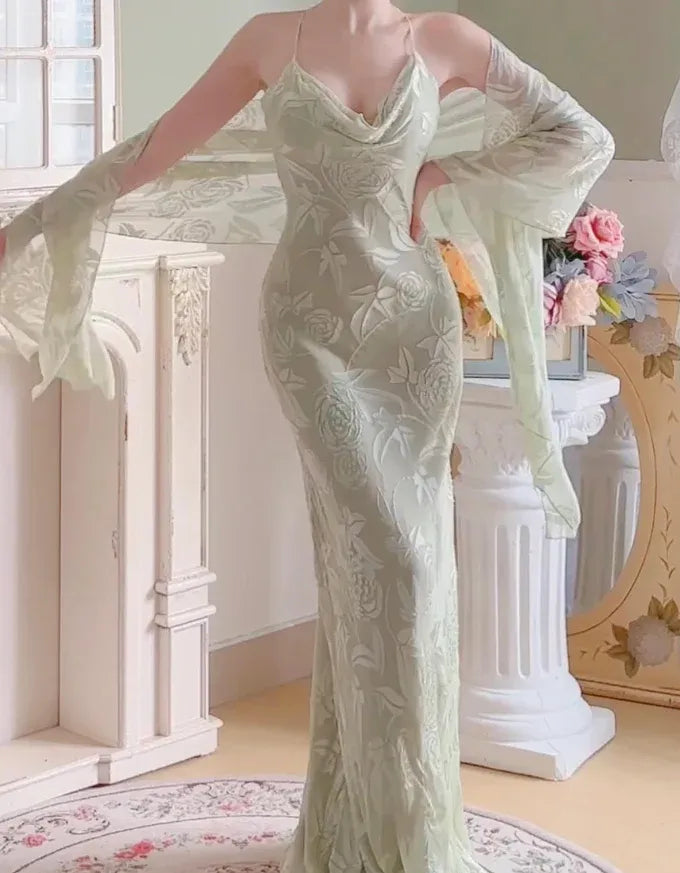 Mint Green Floral Jacquard Cowl Neck Mermaid Maxi Dress