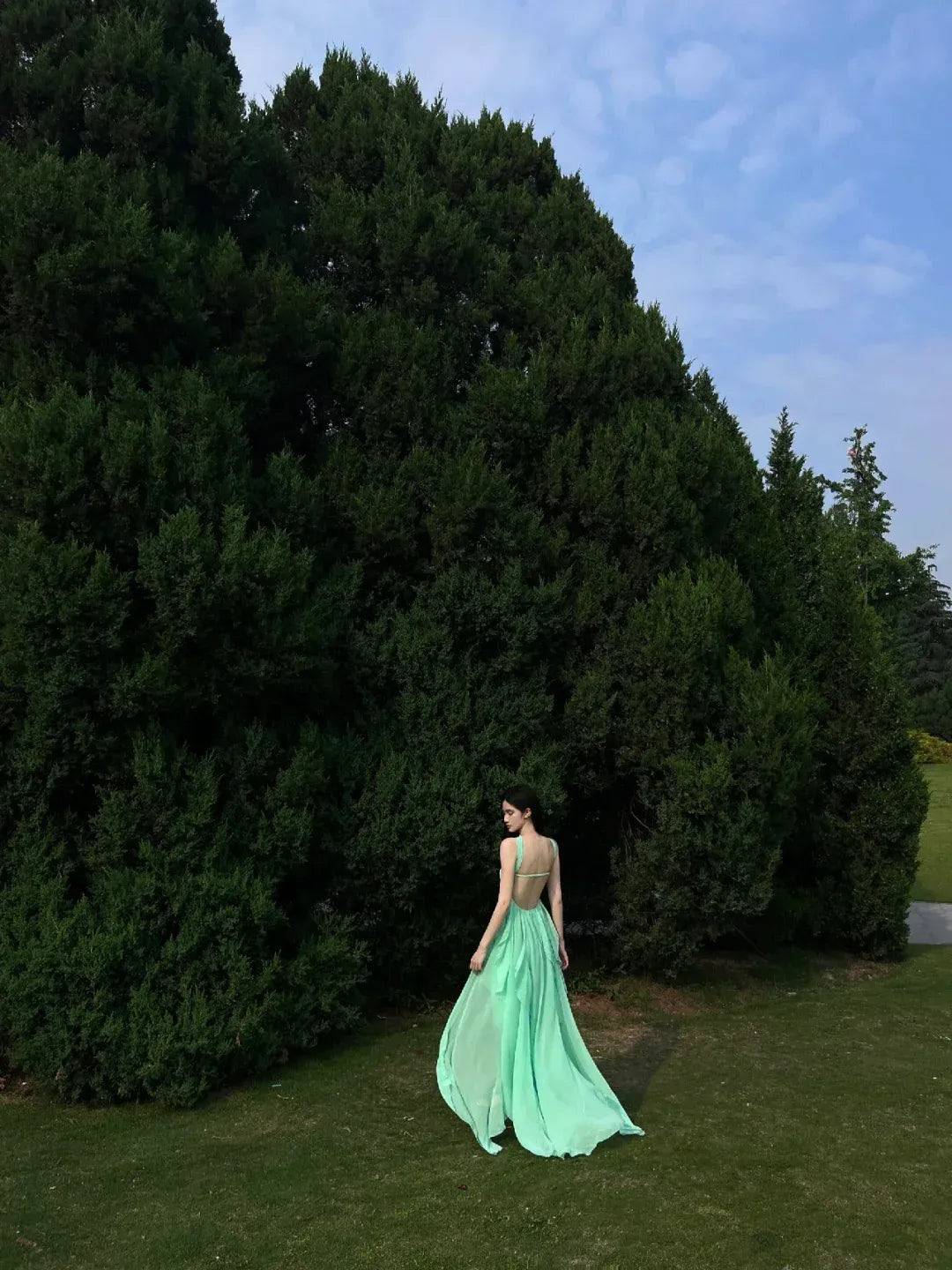 Mint Green Halter Neck Ruffled Chiffon Gown with Crystal Accent