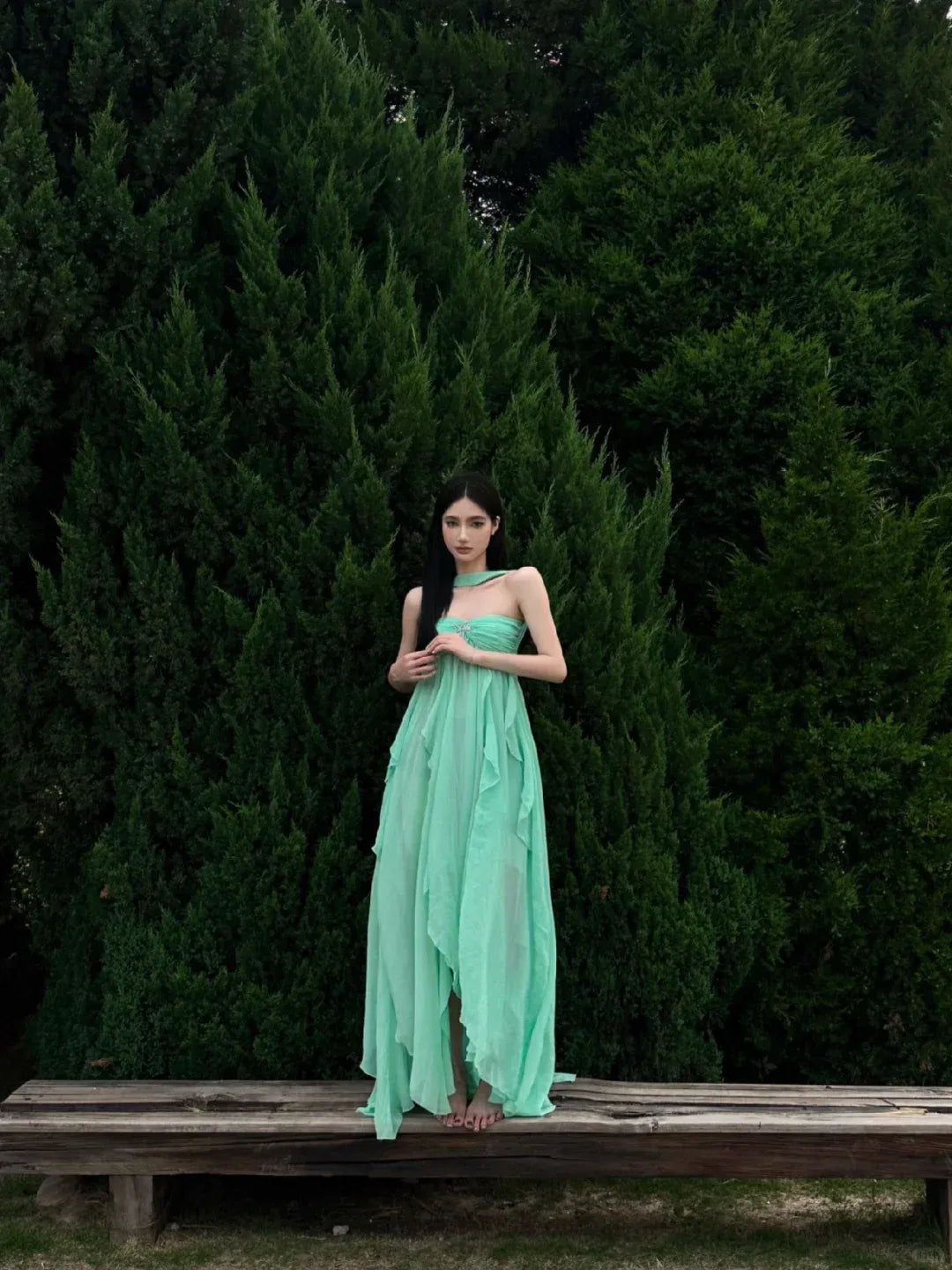 Mint Green Halter Neck Ruffled Chiffon Gown with Crystal Accent