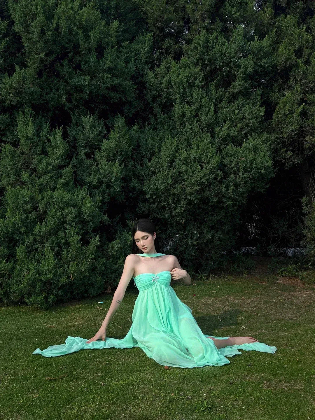 Mint Green Halter Neck Ruffled Chiffon Gown with Crystal Accent