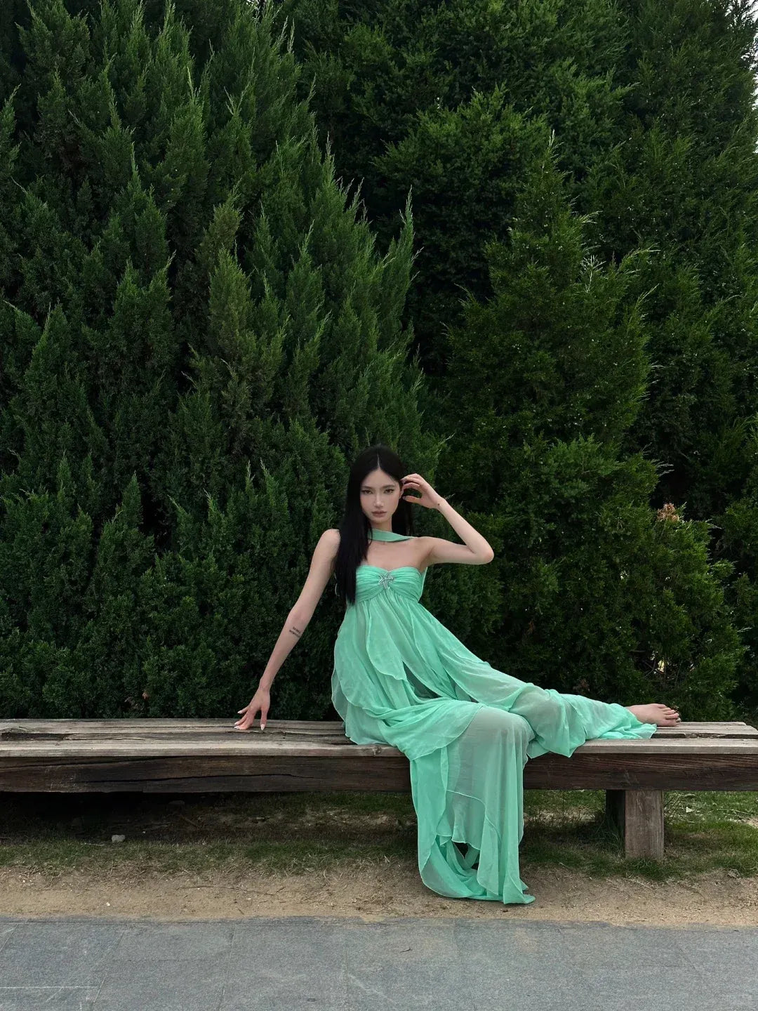 Mint Green Halter Neck Ruffled Chiffon Gown with Crystal Accent