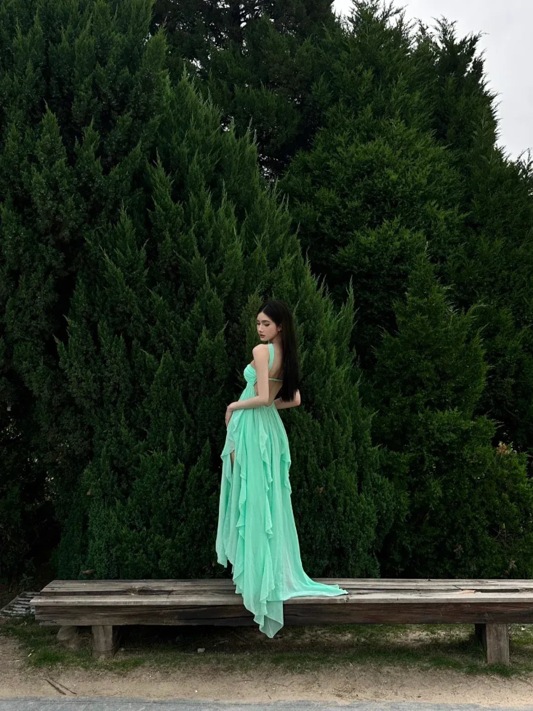 Mint Green Halter Neck Ruffled Chiffon Gown with Crystal Accent