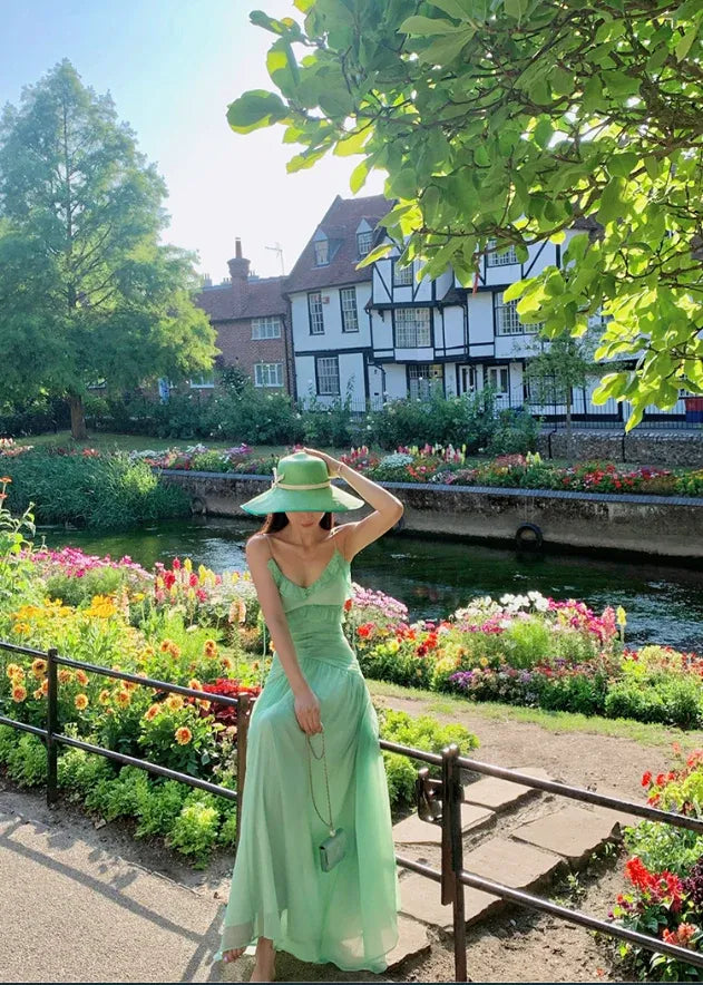 Mint Green Ruched Spaghetti Strap Chiffon Maxi Dress