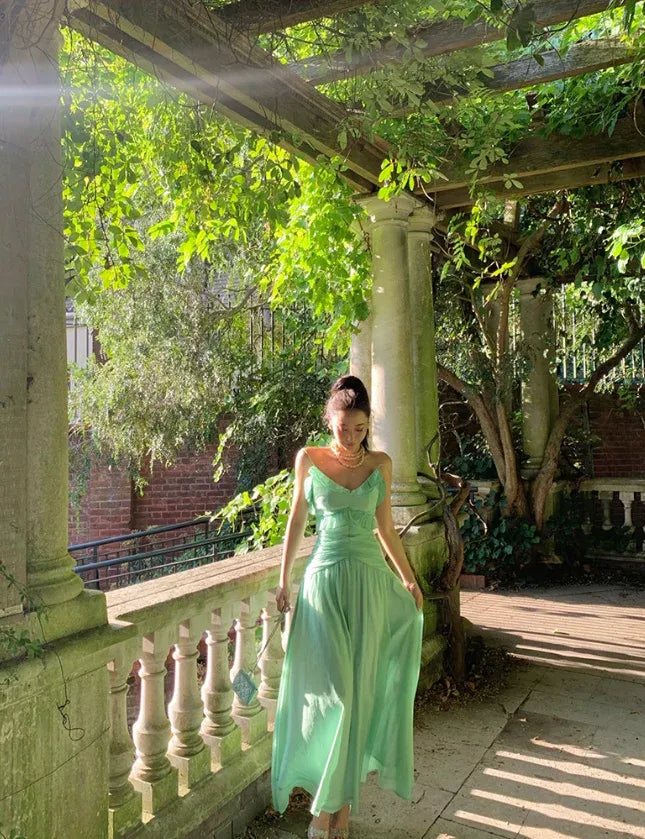 Mint Green Ruched Spaghetti Strap Chiffon Maxi Dress