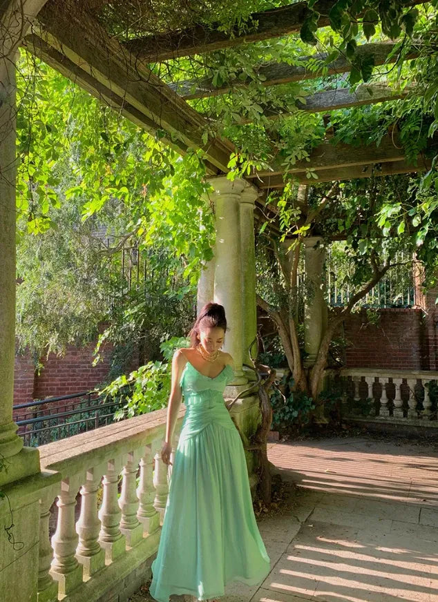 Mint Green Ruched Spaghetti Strap Chiffon Maxi Dress
