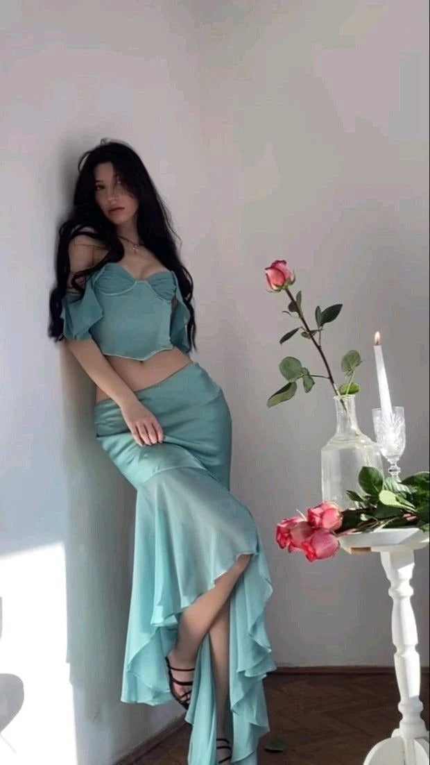Mint Green Satin Two-Piece Off-The-Shoulder Gown