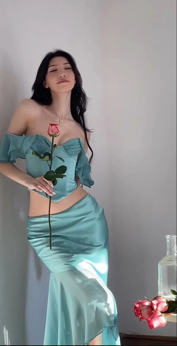 Mint Green Satin Two-Piece Off-The-Shoulder Gown
