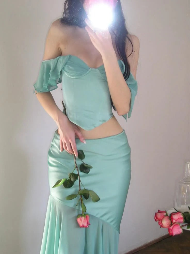 Mint Green Satin Two-Piece Off-The-Shoulder Gown