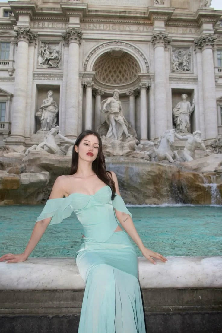 Mint Green Satin Two-Piece Off-The-Shoulder Gown
