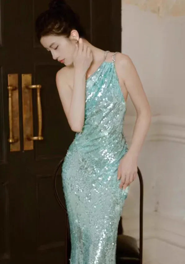Mint Green Sequin Diamond Strap Backless Mermaid Gown