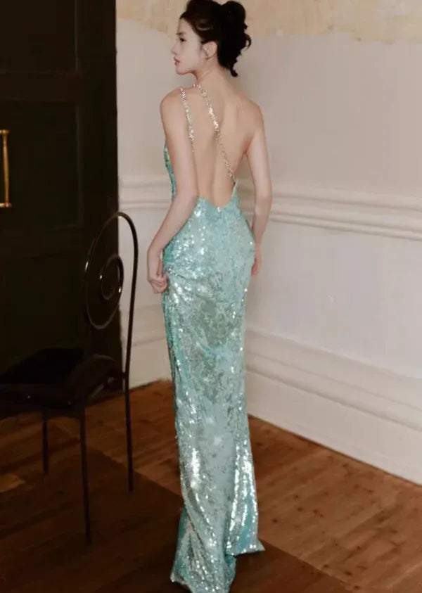 Mint Green Sequin Diamond Strap Backless Mermaid Gown