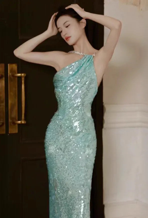 Mint Green Sequin Diamond Strap Backless Mermaid Gown