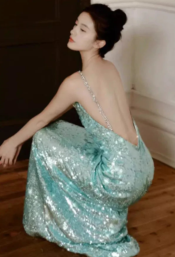 Mint Green Sequin Diamond Strap Backless Mermaid Gown