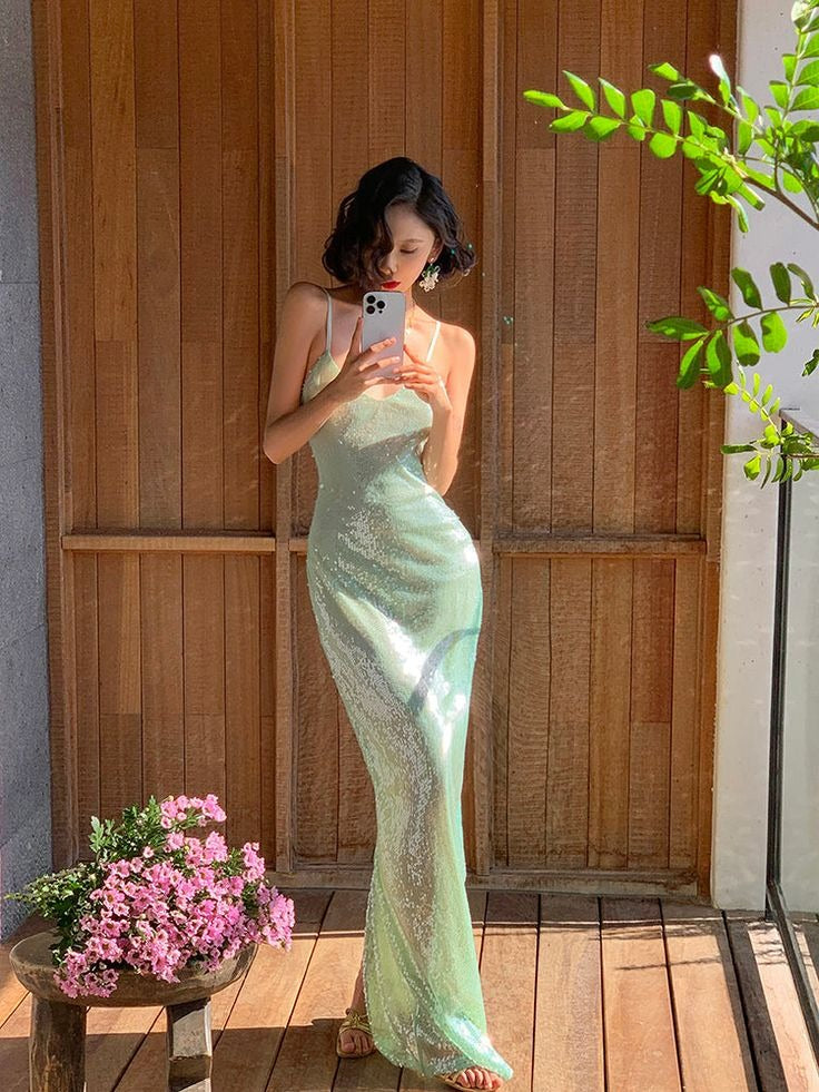 Mint Green Sequin Mermaid Gown – Spaghetti Strap V-Neck Formal Maxi Dress
