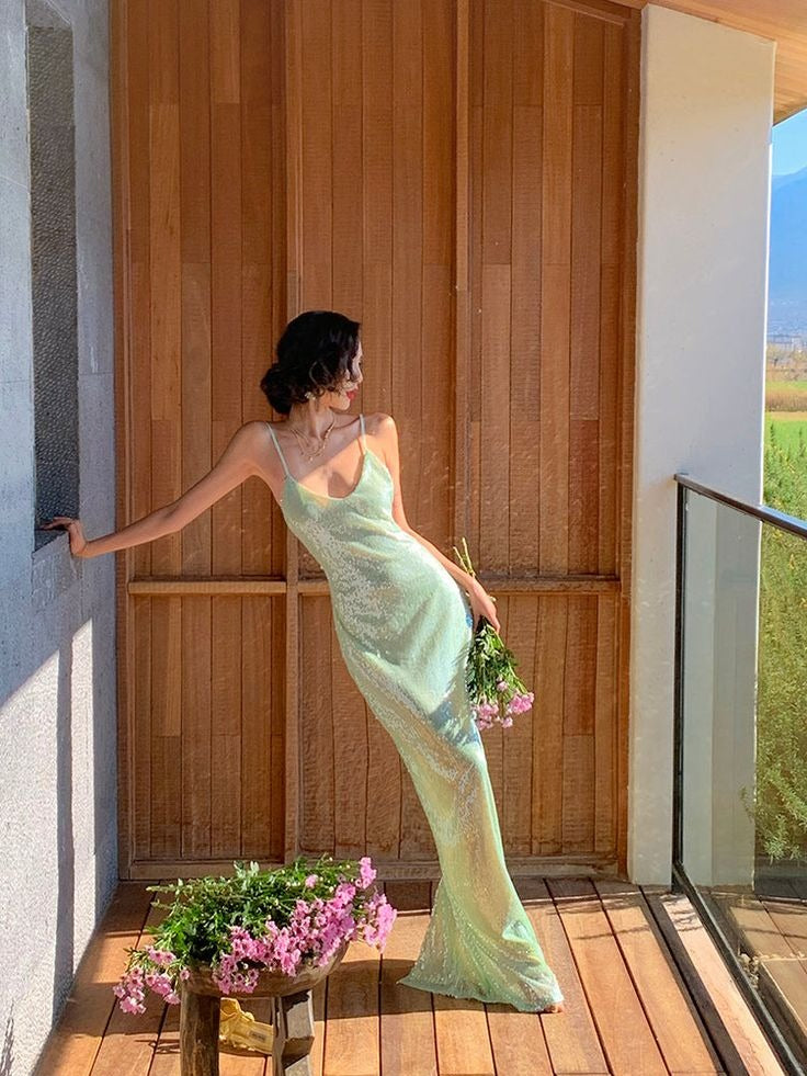 Mint Green Sequin Mermaid Gown – Spaghetti Strap V-Neck Formal Maxi Dress