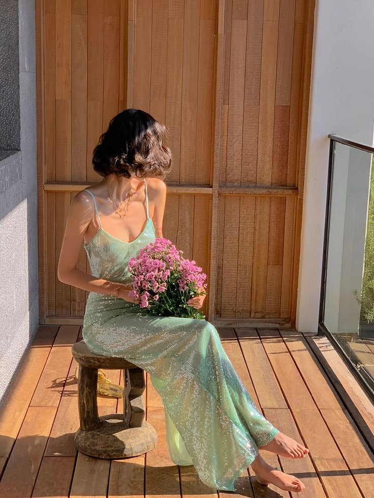 Mint Green Sequin Mermaid Gown – Spaghetti Strap V-Neck Formal Maxi Dress