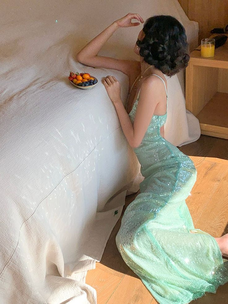 Mint Green Sequin Mermaid Gown – Spaghetti Strap V-Neck Formal Maxi Dress