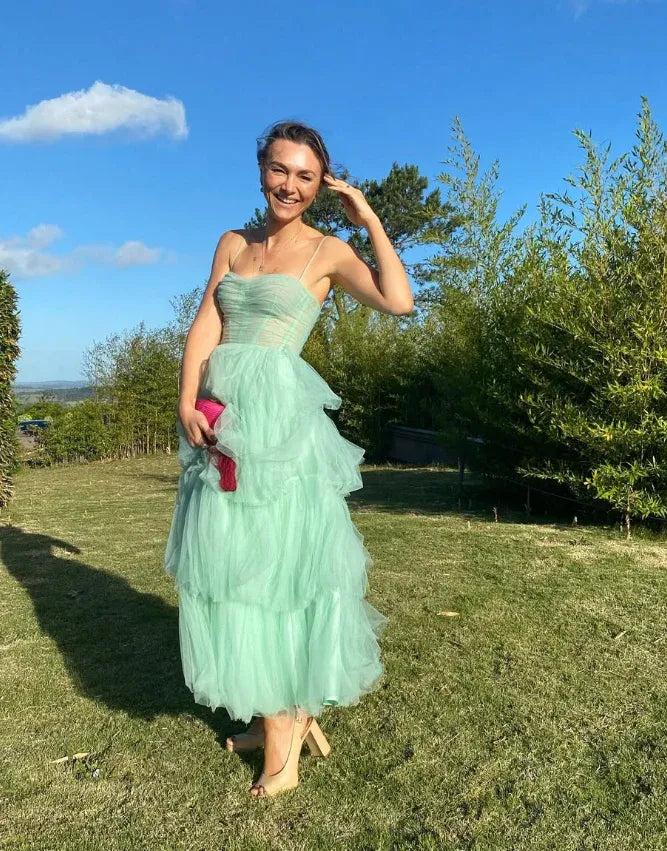Mint Green Spaghetti Strap Tiered Tulle Midi Dress
