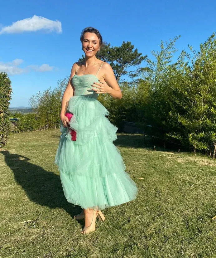 Mint Green Spaghetti Strap Tiered Tulle Midi Dress