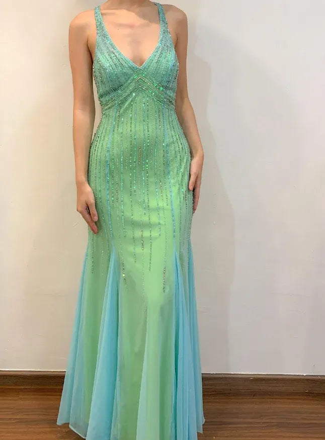 Mint Green Spaghetti Strap V-Neck Beaded Lace Tulle Mermaid Maxi Gown with Train