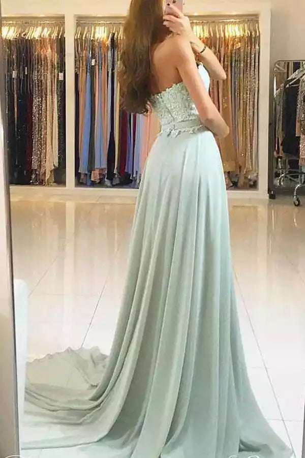 Mint Green Strapless Lace Bodice Chiffon A-Line Gown – Romantic & Airy Evening Party Dress