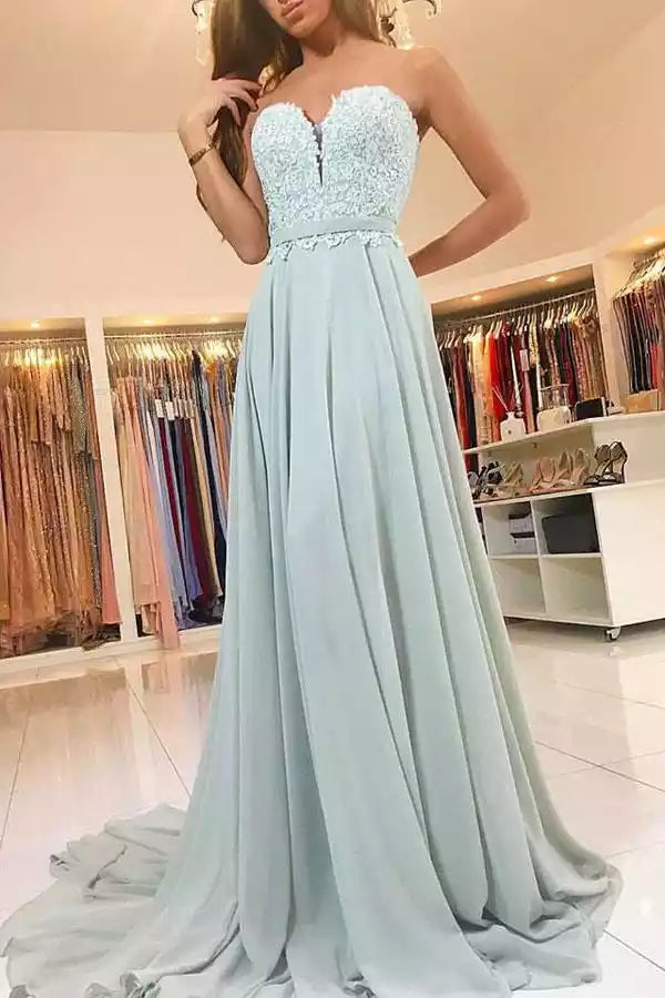 Mint Green Strapless Lace Bodice Chiffon A-Line Gown – Romantic & Airy Evening Party Dress