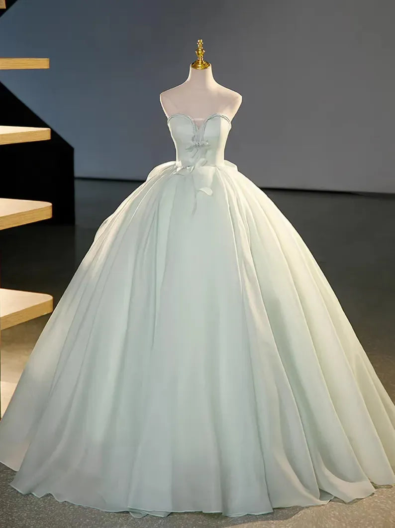 Mint Green Strapless Organza Ball Gown Wedding Dress