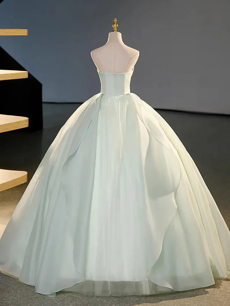 Mint Green Strapless Organza Ball Gown Wedding Dress