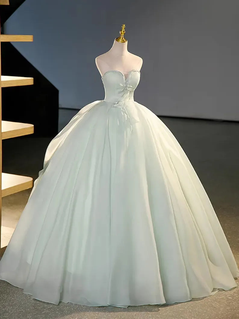 Mint Green Strapless Organza Ball Gown Wedding Dress