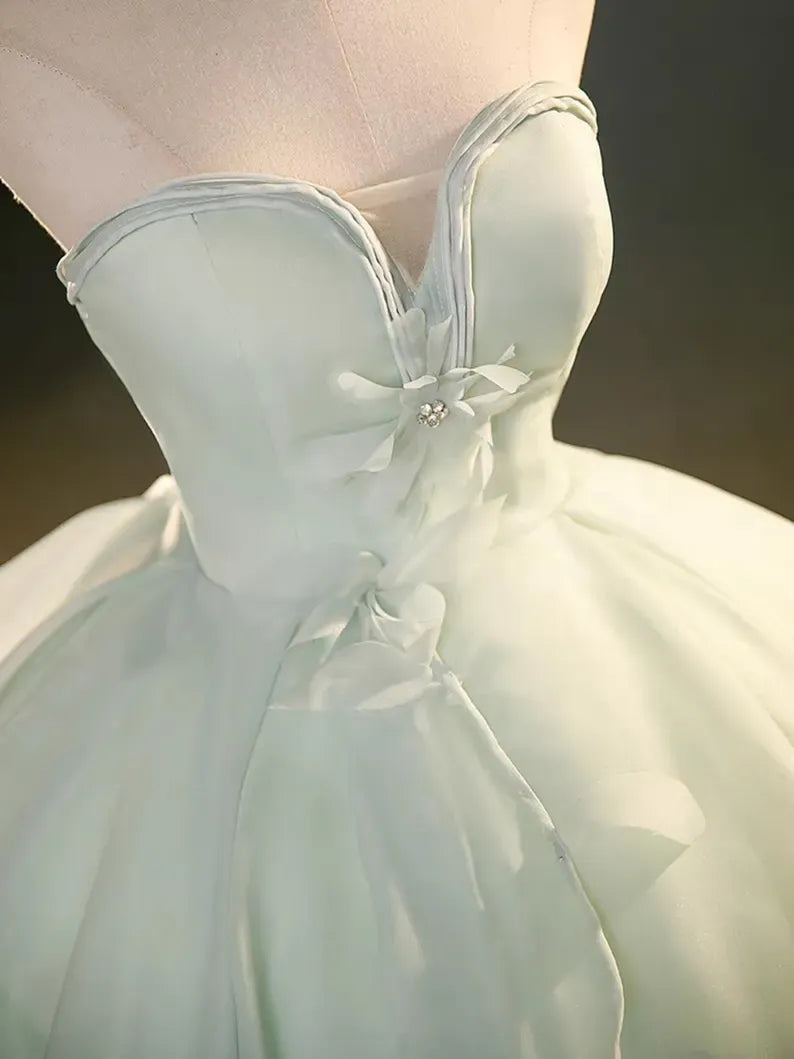 Mint Green Strapless Organza Ball Gown Wedding Dress