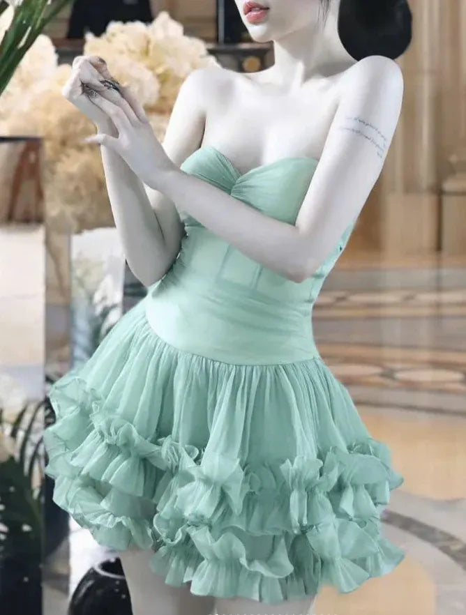 Mint Green Strapless Ruffle Tiered Tulle Mini Dress