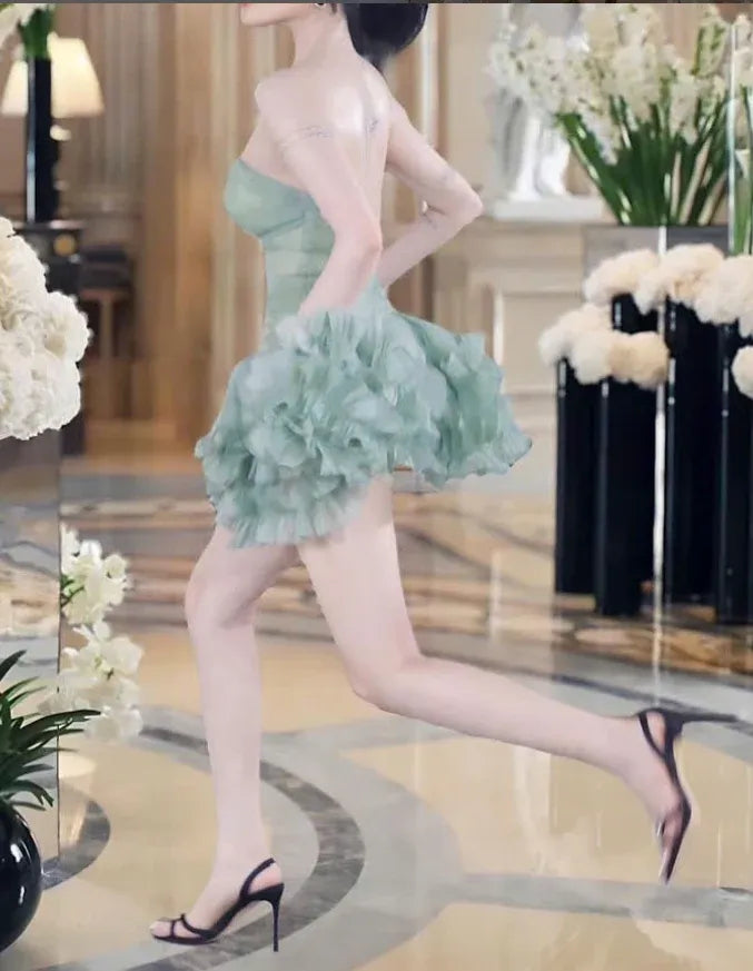 Mint Green Strapless Ruffle Tiered Tulle Mini Dress