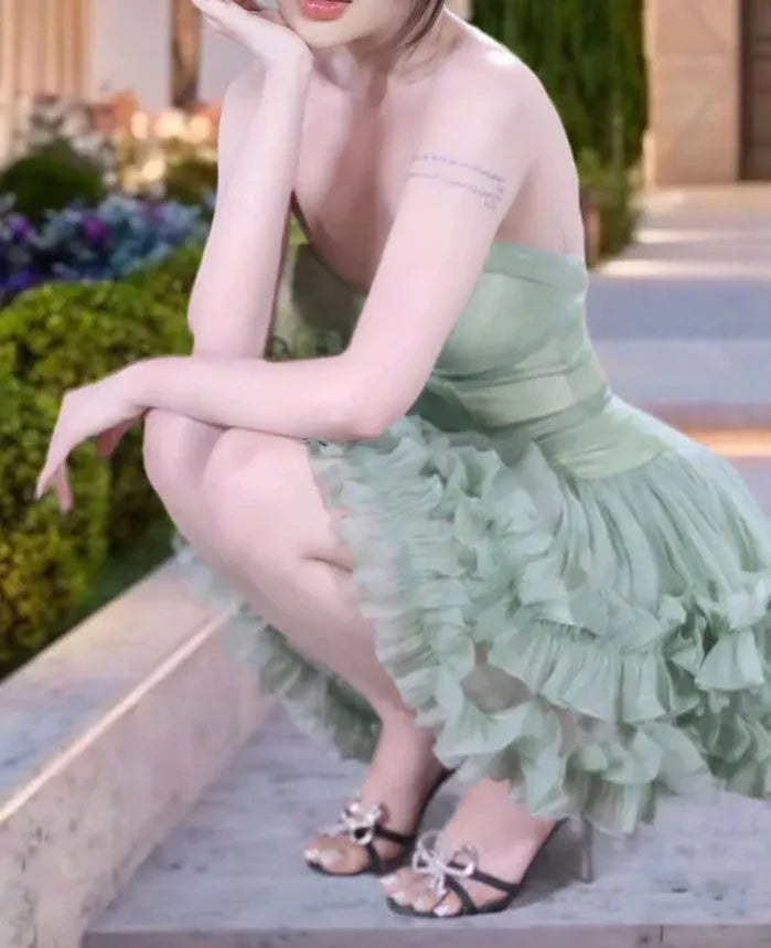Mint Green Strapless Ruffle Tiered Tulle Mini Dress