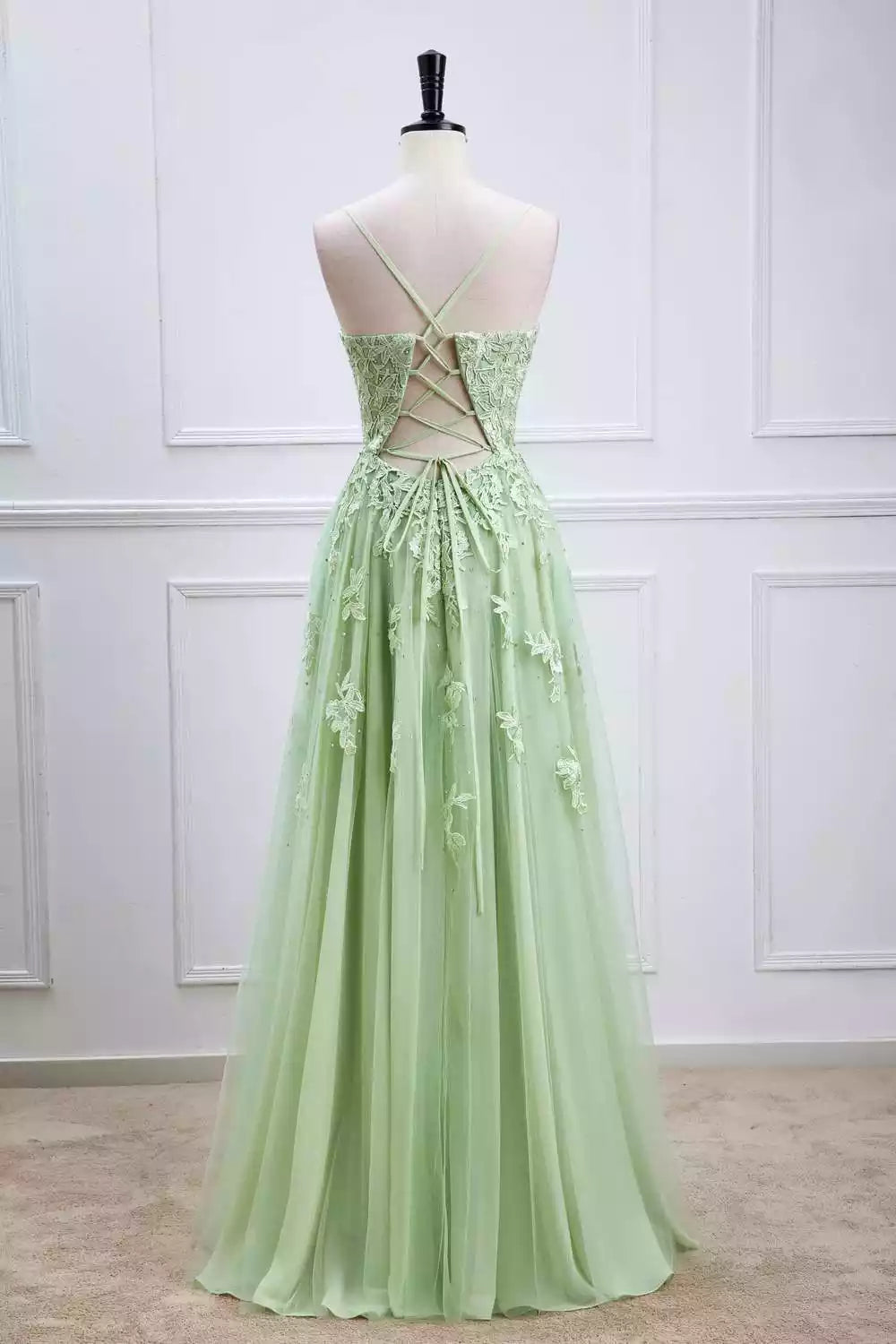 Mint Green Tulle Lace-Embellished Crisscross-Back Gown – Enchanting & Romantic Evening Party Dress