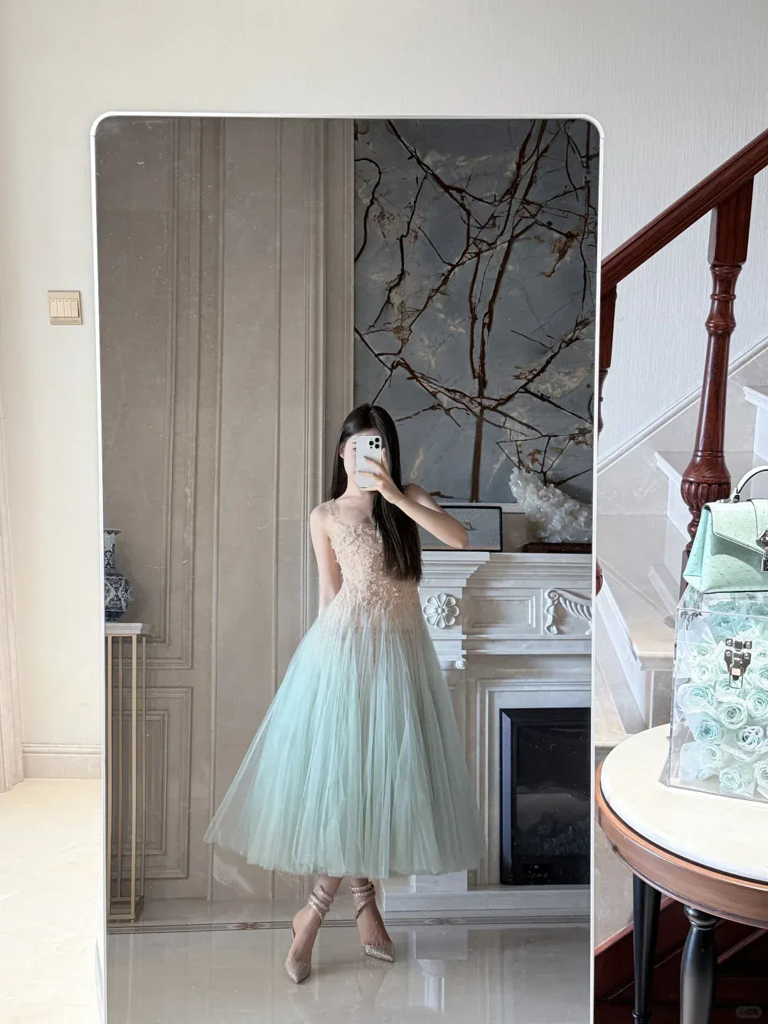 Mint Green Tulle Lace Midi Dress – Spaghetti Strap Formal Gown for Prom & Wedding Guest