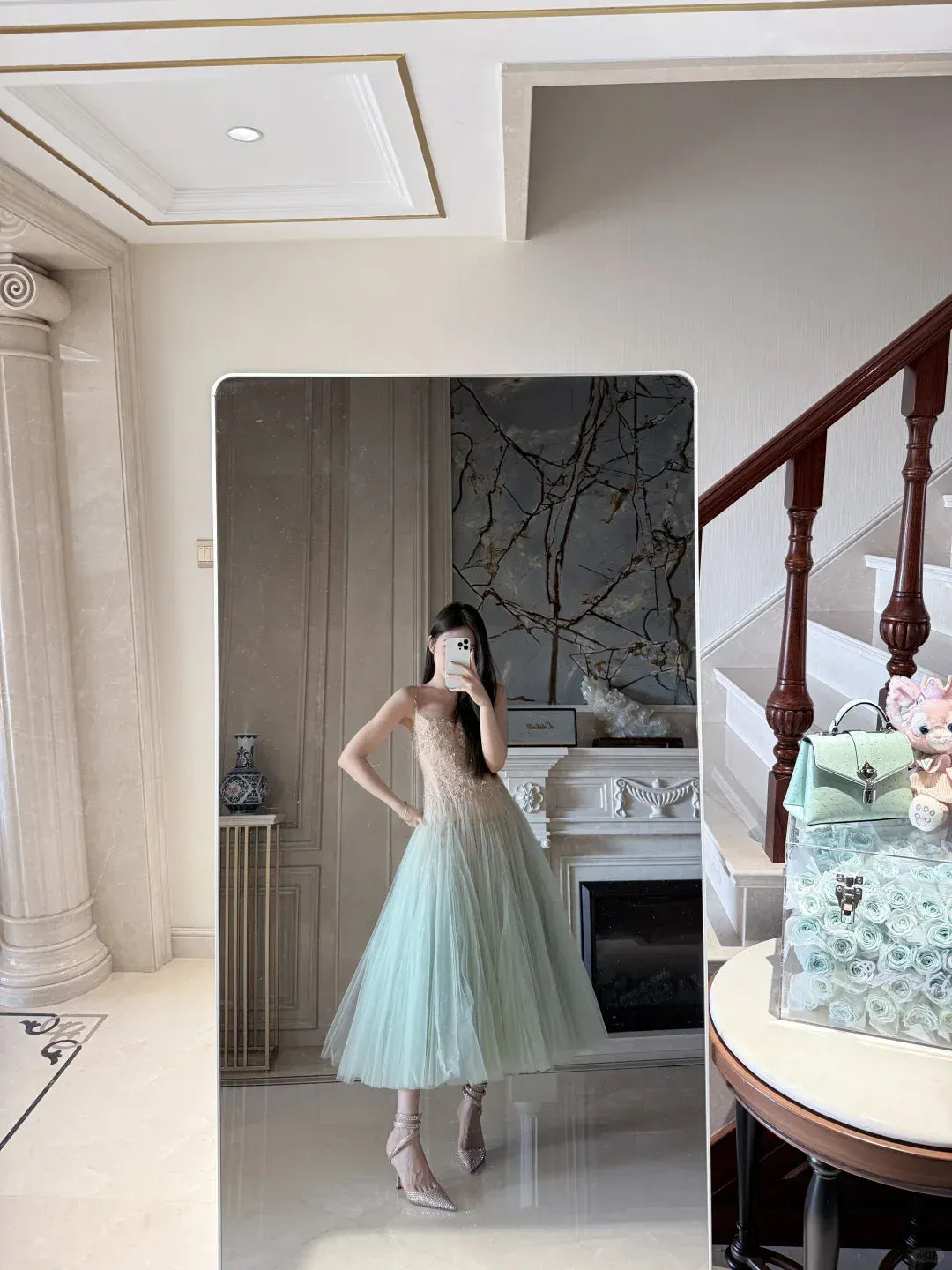 Mint Green Tulle Lace Midi Dress – Spaghetti Strap Formal Gown for Prom & Wedding Guest