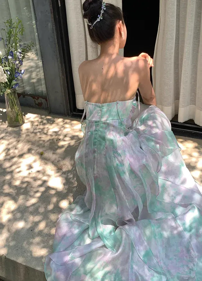 Mint Purple Tie-Dye Strapless Tulle Maxi Dress