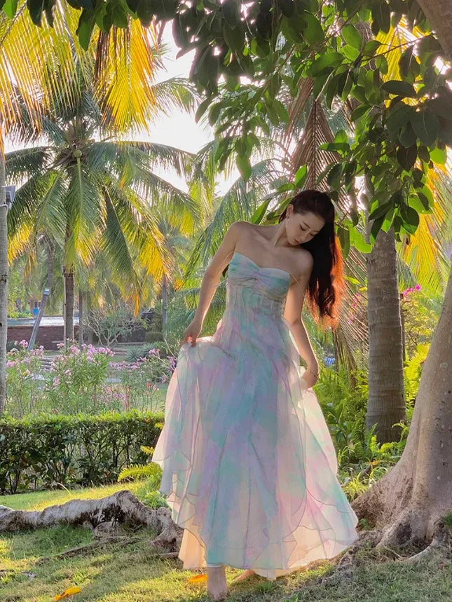 Mint Purple Tie-Dye Strapless Tulle Maxi Dress