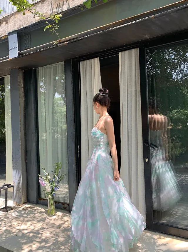 Mint Purple Tie-Dye Strapless Tulle Maxi Dress