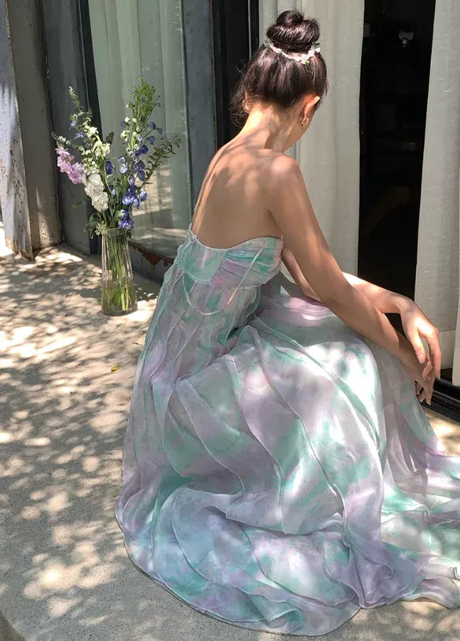 Mint Purple Tie-Dye Strapless Tulle Maxi Dress