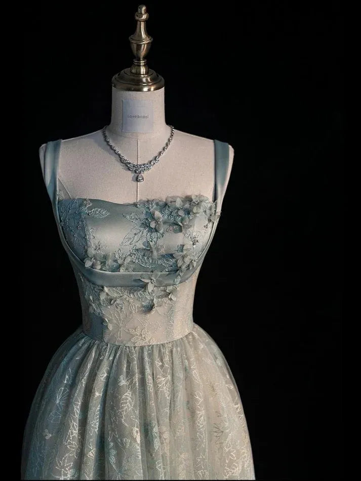 Misty Blue Tulle Floral Lace A-Line Gown with Lace-Up Back