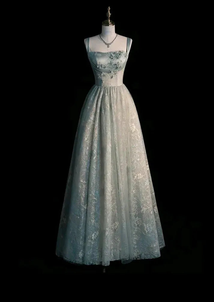 Misty Blue Tulle Floral Lace A-Line Gown with Lace-Up Back