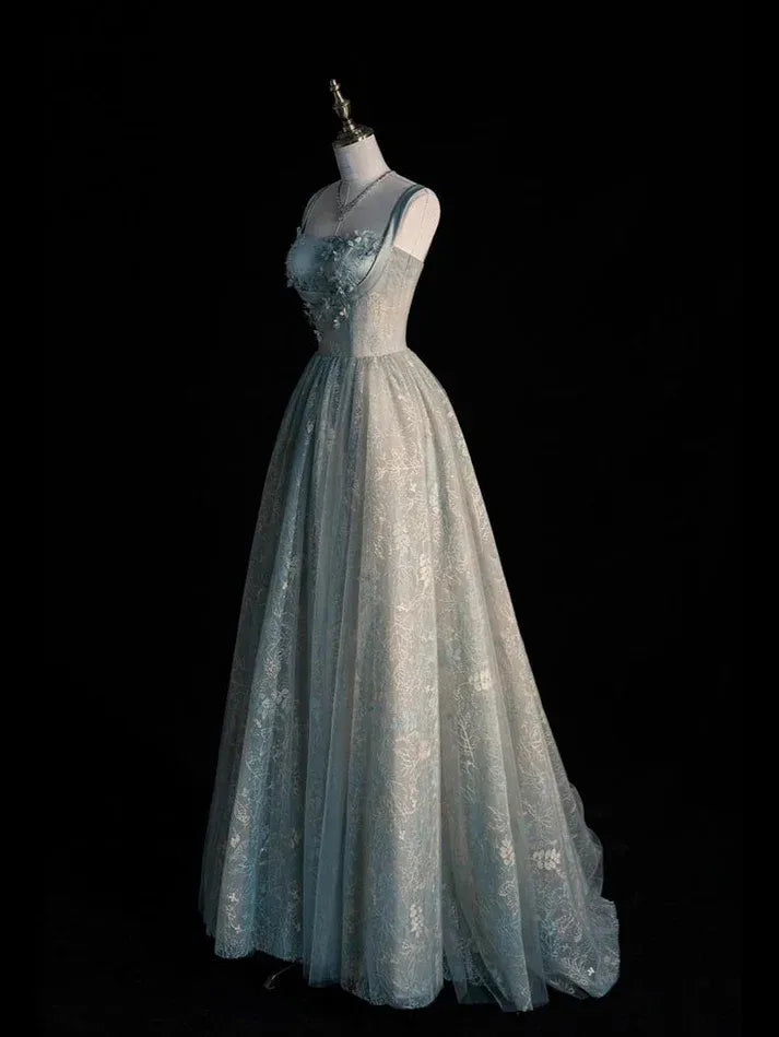 Misty Blue Tulle Floral Lace A-Line Gown with Lace-Up Back