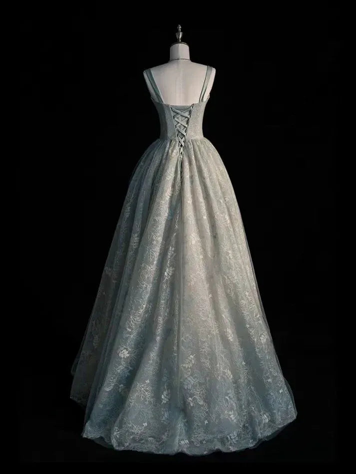 Misty Blue Tulle Floral Lace A-Line Gown with Lace-Up Back