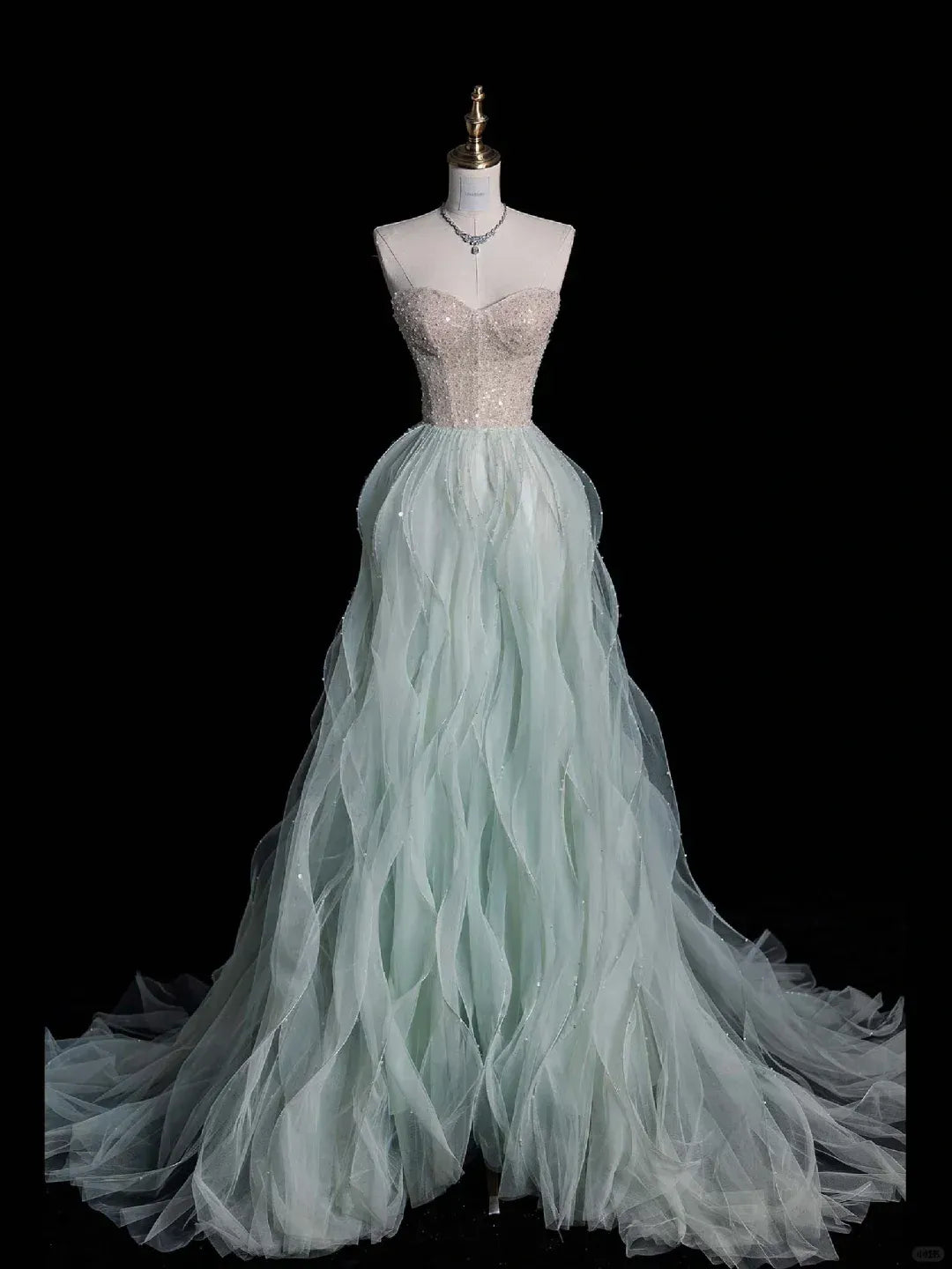 Misty Green Tulle Sequin Beaded Strapless A-Line Gown with Train